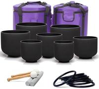 6-12 Inch Chakra Set Of 7 Black Crystal Singing Bowls 432/440 Hz With Heavy Duty Carrying Cases And Singing Bowl Mallet Suede Strikers, 432 hz 6-12 inch 7pcs