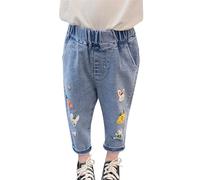 6-12 Months Baby Toddler Girls Denim Pants Joggers Elastic Waist Cute Animal Strawberry Rabbit Embroidery Print Jeans Casual Denim Pants Soft Relax Fit Ankle Length Trousers 001_White