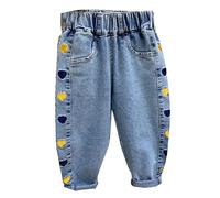 6-12 Months Baby Toddler Girls Denim Pants Joggers Elastic Waist Cute Animal Strawberry Rabbit Embroidery Print Jeans Casual Denim Pants Soft Relax Fit Ankle Length Trousers 003_Yellow