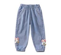6-12 Months Baby Toddler Girls Denim Pants Joggers Elastic Waist Cute Animal Strawberry Rabbit Embroidery Print Jeans Casual Denim Pants Soft Relax Fit Ankle Length Trousers 004_Pink