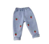 6-12 Months Baby Toddler Girls Denim Pants Joggers Elastic Waist Cute Animal Strawberry Rabbit Embroidery Print Jeans Casual Denim Pants Soft Relax Fit Ankle Length Trousers 001_Red