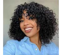 6-16 Human Hair Short Curly Wig with Bangs, Wear and Go Kinky Glueless Bob Wigs 180 Density for Black Women Natural Black Adds Volume(10 inch)