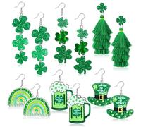 6-16 Pairs St Patricks Day Earrings for Women, Green Earrings Shamrock Hat Clover Irish Dangle Earrings Bulk for Festival,Holiday Jewelry Accessories Gifts for Women and Teens, multi-size, Acrylic, No