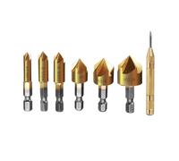 6-19mm Countersink Drill Bit with Automatic Center Pin Punch 5 Flutes Hex Shank Titanium Coated Chamfer Cutter Set