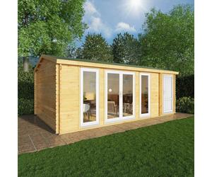 6.1mx4m Mercia Home Office Studio Log Cabin With Side Shed - 28mm to 44mm Logs - 44mm Logs - UPVC Windows and Door - White