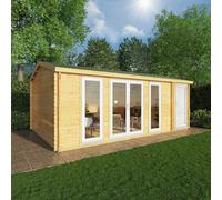 6.1mx4m Mercia Home Office Studio Log Cabin With Side Shed - 44mm Logs - UPVC Windows and Door - White