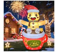 6.2 FT Christmas Gingerbread Inflatables Outdoor Decorations, Blow Up Gingerbread Man in Hot Cocoa Mug Candy Cane Yard Decor with Build-in LEDs for Indoor Outdoor Garden Party Lawn Xmas Decor