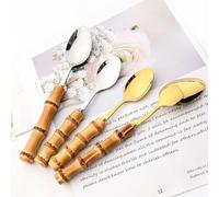 6/24Pcs Purely Natural Bamboo Handle Silver Cutlery Set Tableware Set Knife Spoon Fork Flatware Stainless Steel Dinnerware Set,24pcs Gold