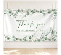 6×3.6 ft Wedding Baby Shower Backdrop Banner Welcome Background Greenery Eucalyptus Sage Green with Golden Metal Eyelet and String Thank You for Celebrating with Us Bridal Shower Party Decor