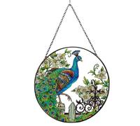 6.3 Inch Stained Glass Peacock Sun Catcher with White Flowers, Colorful Hanging Window Ornament for Home, Gift, Garden Decor