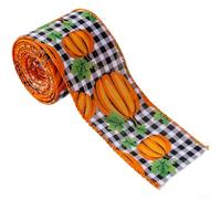 6 3cm by 5 Yards Polyester Harvest Ribbon with Pumpkin and Plaid Design, Wire Edge Ribbon Suitable for DIY Holiday Decorations and Bow Making (A)