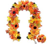6.3Ft Artificial Maple Leaves Garland Fake Autumn Leaves Vine with Red Orange Sunflower Pine Cones Berry Faux Fall Hanging Decoration for Fall Harvest Thanksgiving Farmhouse Fireplace(Orange)