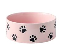 6.5 Inch Pink Ceramic Dog Bowl with Paw Print Pattern - Heavy Duty Wide Mouth Pet Dish for Medium Dogs, Food and Water Bowl