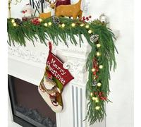 6.56FT Christmas Norfolk Pine Garland 40LED Bright Ball Lights with Red Berries Snowy Pincones Real Touch Green Pine Garlands for Mantle Table Stairs Fireplace Indoor Outdoor Home Christmas Decoration