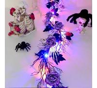 6.56FT Halloween Garland with Lights Purple and Blue LED Lights Glitter Purple Rose Black Maple Leaves White Skeleton Hands and Dead Branches Garland Wreaths for Front Door Halloween Indoor Home Decor