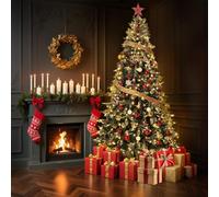 6.5Ft/200Cm Pre-Lit Artificial Christmas Tree, Green Xmas Tree with 300 Warm White LED Lights, Metal Stand & 937 PE/PVC Branch Tips for Home Holiday Party Decorations