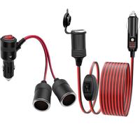 6.5FT/2m Car Cigarette Lighter Socket Extension Cable 17AWG with ON/OFF Switch,1 to 2 Car Cigarette Lighter Splitter Adapter Power Charger Socket Extension Cable 15AWG with LED Switch and 15A Fuse