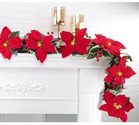 6.5FT Prelit Poinsettia Christmas Flower Garland, Velvet Fabric Artificial Poinsettia Flower Garland String Lights, Battery Operated Xmas Tree Ornament Christmas String Lights