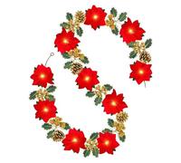 6.6FT Battery Operated Christmas Poinsettia Garlands With 10 Velvet Lights, Festive Floral Decor For Fireplace, Doorway, Staircase & Holiday Tree Decoration