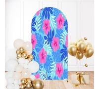 6.6FT Wedding Arch Backdrop Cover Hand Drawn Pink Hibiscus Flower Blue Tropical Leaf Seamless Design for Spandex Fitted Round Top Backdrop Stand Cover for Birthday Party Ceremony Banquet Decoration
