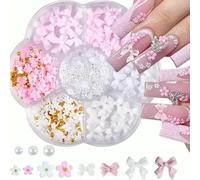 6/7/12 grids 3D Nail Charms and Pearls Bows Charm Pink& Star Heart Moon Cute Nail Jewels for Nail Art DIY Decorations-SKU5