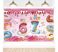 6 7 Birthday Backdrop, 150x100cm/4.9x3.3ft Donut Ice Cream Theme Photography Background Pink Sweet 67 Meme Banner Decor for Six Seven Birthday Party Photo Booth Decorations Supplies