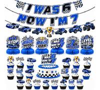 6 & 7 Birthday Decor Set,I Was 6 Now I'm 7 Banner, 6 honeycomb balls,Blue Black Racing Theme. Features Race Car, Truck, Trophy & Flag Designs. Pre-cut & Reusable