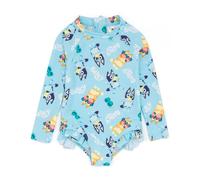 Bluey Girls Swimsuit | Childrens All in One Beachwear Swimming Costume | Blue Bingo Logo All Over Print Swimwear Bodysuit | Long Sleeve with Frill Hem Cute Merchandise Gift for Kids & Toddlers