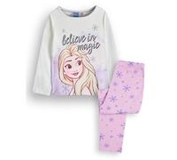 Disney Frozen Elsa Girls Pyjama Set | Kids Princess White Long Sleeve Top & Pink Long Leg Graphic PJs | Believe in Magic Glitter Print Snowflake & Stars | Movie Film Merchandise Gift