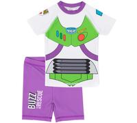 Disney Pixar Toy Story Buzz Lightyear Swimsuit for Boys | Purple Green Rescue Two-Piece Top Shorts Bathing Suit Swim Set | Kids Space Ranger Swimwear