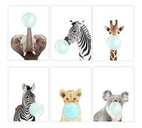 6 Animals Poster Bubble Chewing Gum Blue Wall Posters Children Picture Wall Decoration Modern Animals Illustration Nordic Poster Picture Room Baby Boy Gift 21 x 30 cm No Frame