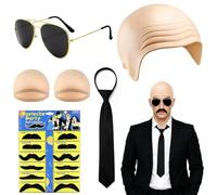 6 Bald Cap Costume Kit,Pitbull Costume Fancy Dress Mr Worldwide Wig Cap Set | Halloween Costumes with 1 Bald Cap,2 Wig Caps,1 Sunglasses, 1 Tie, 12 Soul Patch, Music festival fancy dress party Accesory