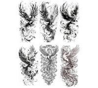 6 Black And White Phoenix Temporary Tattoo Stickers - Waterproof, Long-Lasting, Realistic Arm And Leg Stickers