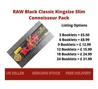 (6 Booklets) RAW BLACK CONNOISSEUR KING SIZE Slim Rolling Papers with Roach TIPS