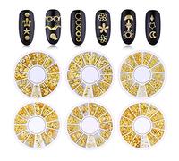 6 Boxes Nail Art Studs - 3D Decorations Alloy Gems Hollow Out Star Moon Mix Styles Rivet Decals for Gel Nails DIY Decor (Gold)