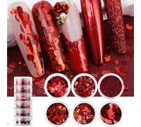6 Boxes Valentine's Day Heart Nail Sequins & Flakes - Red, 3D Holographic, Nail Art Decals & Glitter for Women & Girls