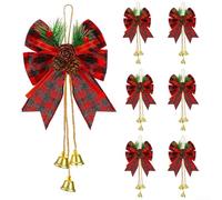 6 Buffalo Plaid Bow Decorations with Pine Cones and Bells for Christmas and New Year Table, Chair, and Tree Display