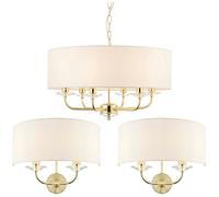 6 Bulb Ceiling Pendant Lamp & 2x Matching Twin Wall Light Modern Brass Plate