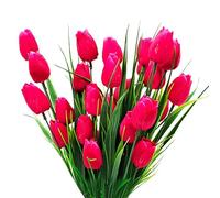 6 Bundles Multicolor Artificial Tulips for Outdoor, UV Resistant, Fake Flowers in Synthetic Plastic, Shrubs for Garden, Balcony, Window, Home Decoration - Red Pink