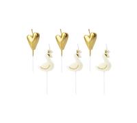 6 Candles on a pick with swans and white and gold hearts 3.5 - 4 cm