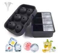 6-Cavity Ice Cube Tray Set,2 PCS Ice Cube and Ice Ball Maker, Large Ice Tray Molds with Funnel for 5CM Cubes and 4CM Balls, Reusable Silicone Square Ice Cube Moulds for Whiskey Cocktails Drinks, Black