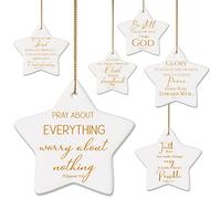 6 Christian Christmas Tree Ornaments - Star Shaped Ceramic Keepsake Ornaments with Bible Verse Quotes for Merry Christmas & Xmas Hanging