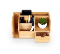 6-Compartment Bamboo Desk Organizer with Drawer, Desktop Storage Caddy | Remote Control Holder, Stationery Sorter for Home Office, Pens, Notepads, Phones and Small Supplies