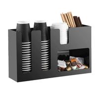 6 Compartment Coffee Condiment and Cup Storage Organizer, Paper Cup and Lid Holder with Straw Organizer, Disposable Coffee Cup Dispenser for Countertop Coffee Station Bar Accessories Breakroom, Black
