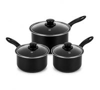 6 Complete Piece Saucepan Set, Non-Stick Carbon Steel, Cookware Utensils Set, 16cm, 18cm, 20cm Saucepans with Tempered Glass lids, Black
