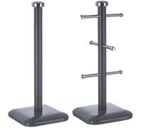 6 Cup Mug Tree Stand & Kitchen Towel Paper Roll Stainless Steel Pole Holder Set