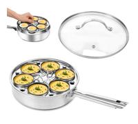 6 Cups Egg Poacher Pan, 2 in 1Stainless Steel Poached Egg Cooker Stew Pot with Glass Cover,Uniform Heating Poached Maker Pan Compatible with Induction Cookers and Gas Stoves for Home Kitchen