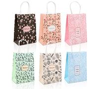 6 Elegant Thank You Gift Bags - Small Kraft Paper Bags with Handles, 8.3"x 6"x 3.1" - Perfect for Birthday, Wedding, Boutique (Flower)