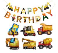 6 Engineering Vehicle Balloons And 1 Pull Flag, Cute Aluminum Film Balloons, Vehicle Car Theme Decoration, Boy Birthday Bunting, Photo Props.