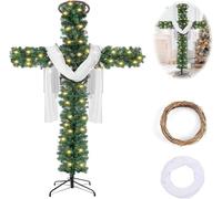 6 FT Cross Christmas Tree with Light, Prelit Foldable Artificial Pencil Xmas Trees with LED Lights, Rattan Christ Crown and Red Silk Scarf, Religious Cross Tree for Indoor Outdoor Holiday Decoration